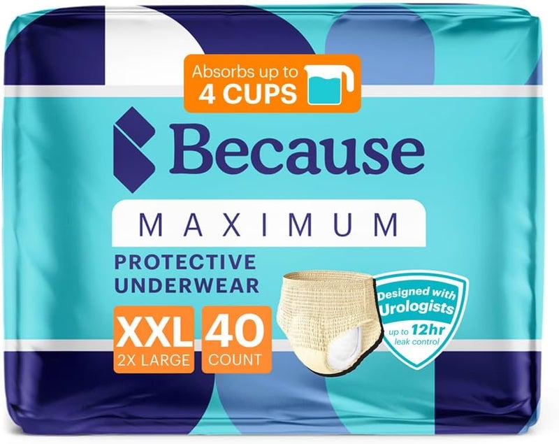 because Premium Maximum Plus Adult Incontinence and Postpartum Bladder Leak Underwear for Women, Maximum Absorbency, Disposable, Beige, XXLarge, 40 Count (4 Packs of 10) - Image 1